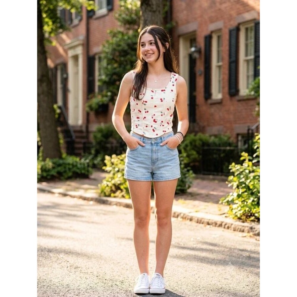 Cherry Print Corset Tank Top - Cream / Red.  Size 14 years